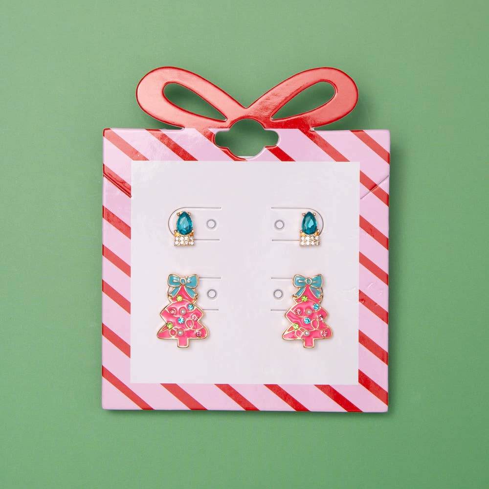 Pink Christmas Tree & Crystal Stud Earring Set