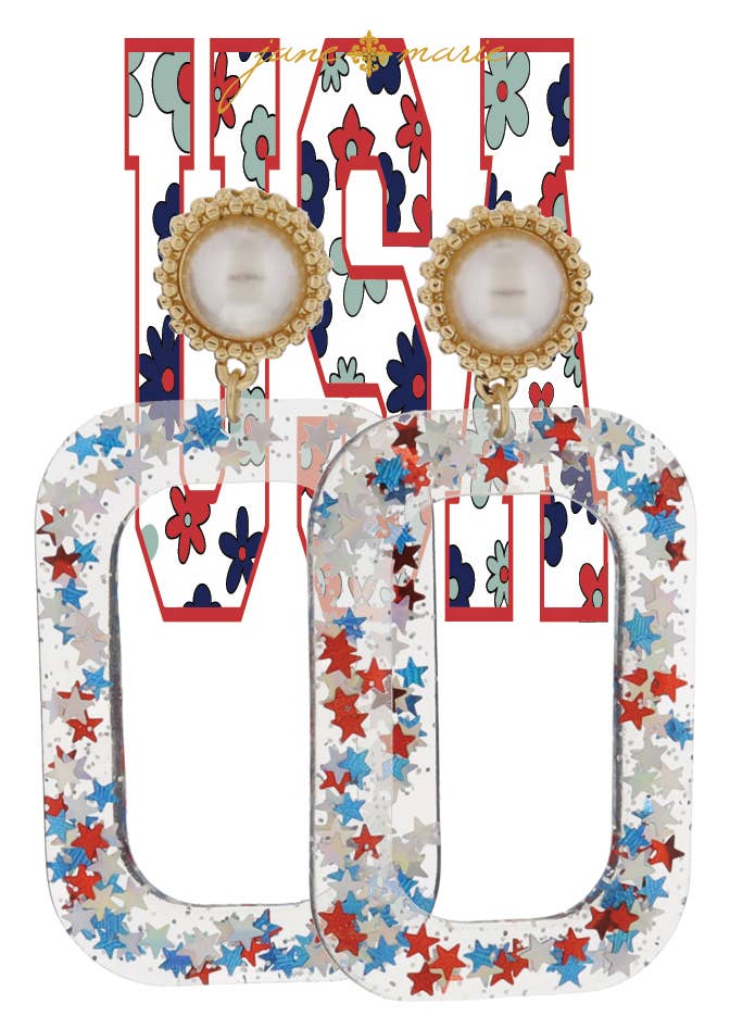 Gold Post & Red, Blue, Silver Star Glitter Resin Earrings