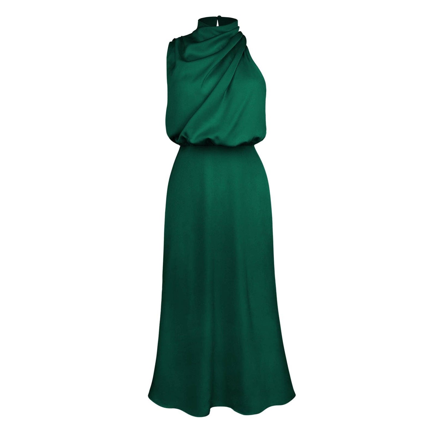 Draped High-Neck Satin Midi Dress