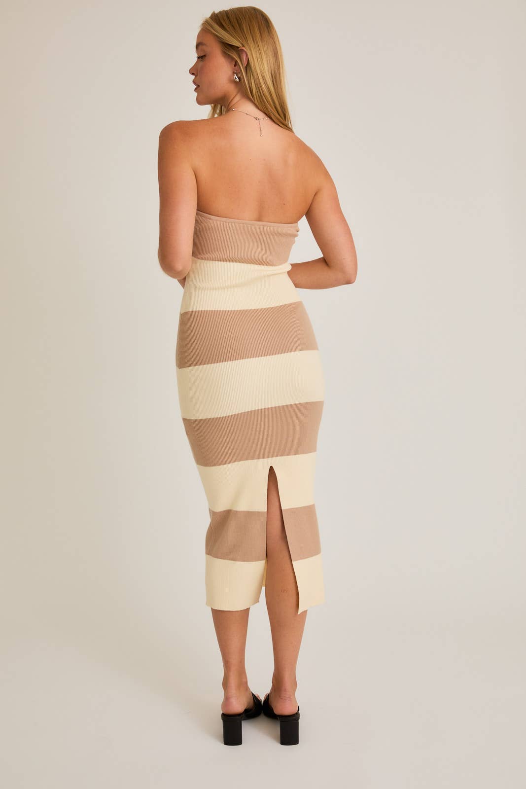 Ivory/Beige Striped Strapless Midi Dress