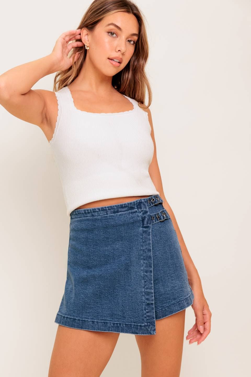 Washed Denim Buckle Skort