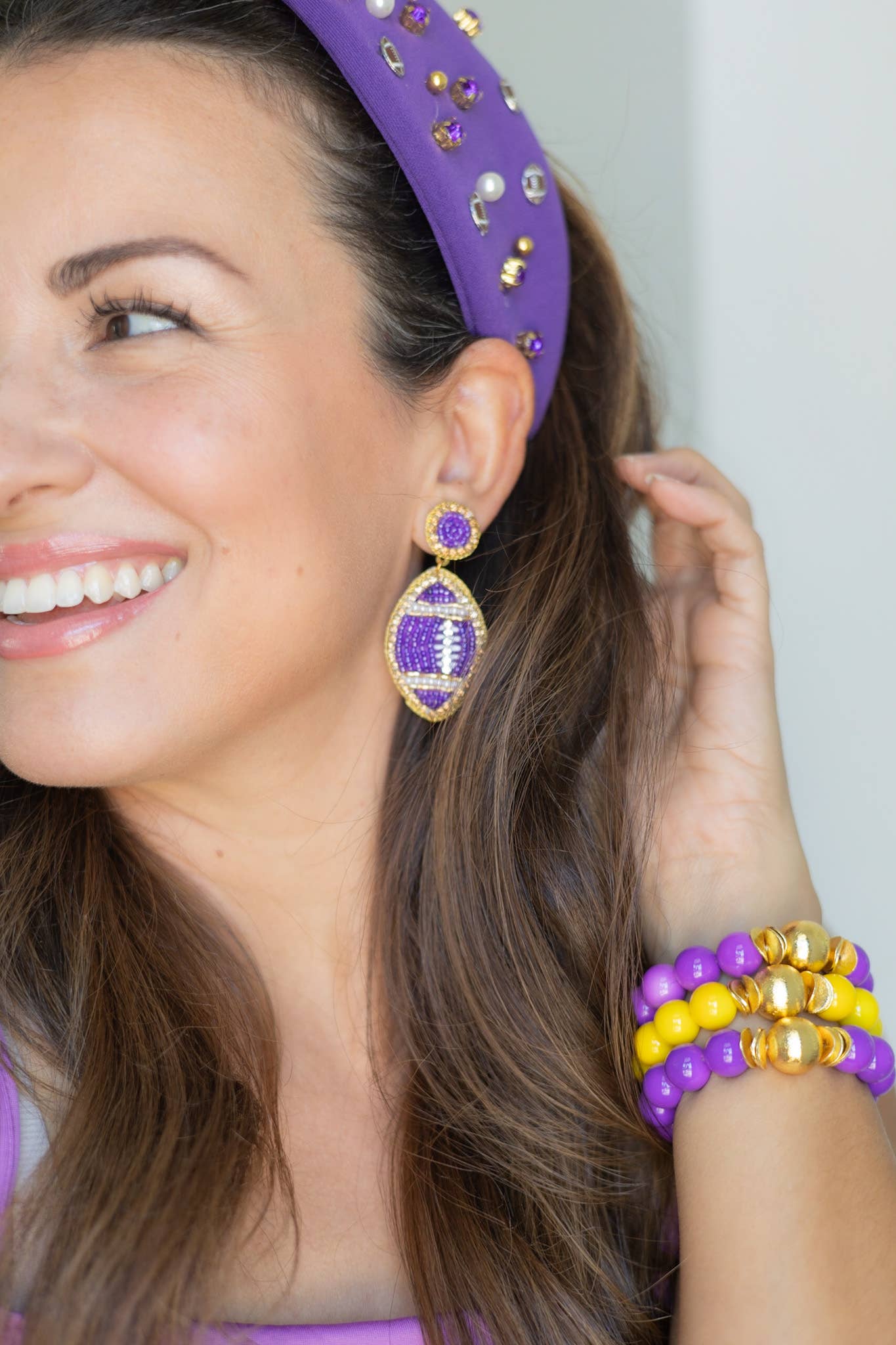 Purple and Gold Beaded GameDay Football Earrings