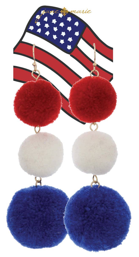 Tierred Red Pom, White Pom, Blue Pom Earrings