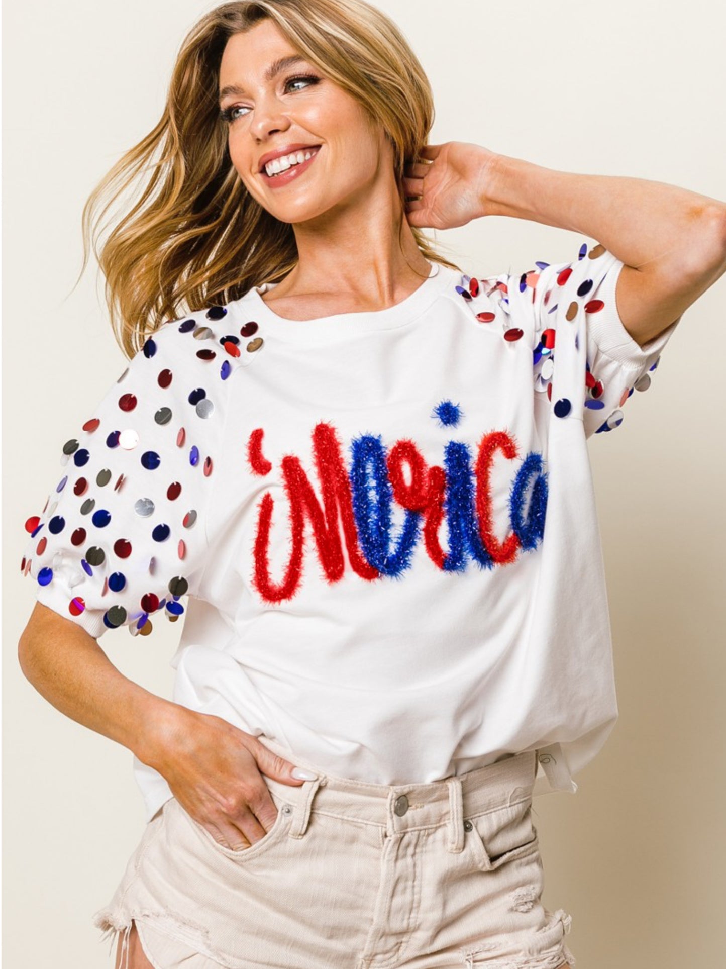 Metallic Letter Merica Spangle Sleeve Top