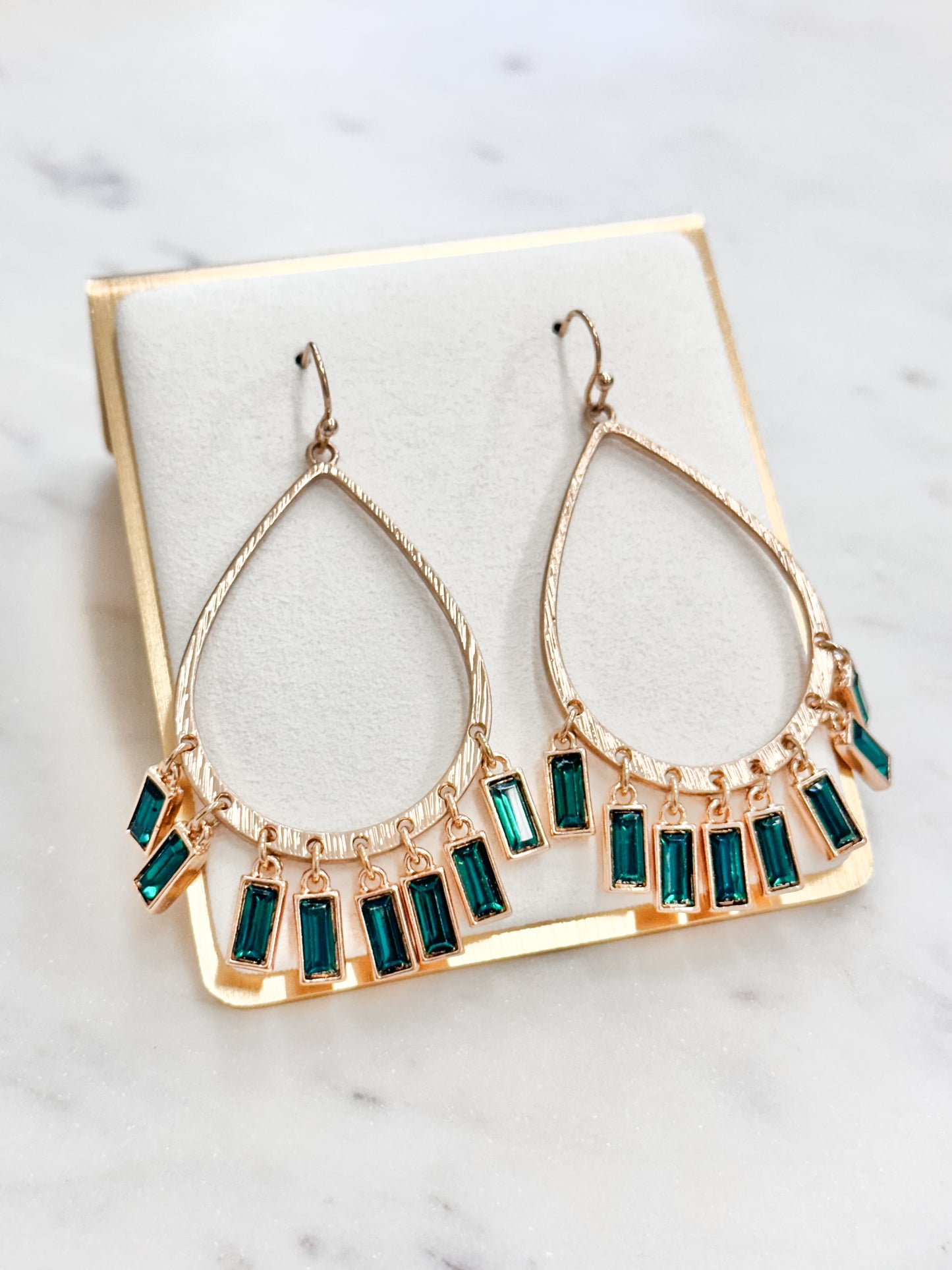 Green Teardrop and Baguette Earrings