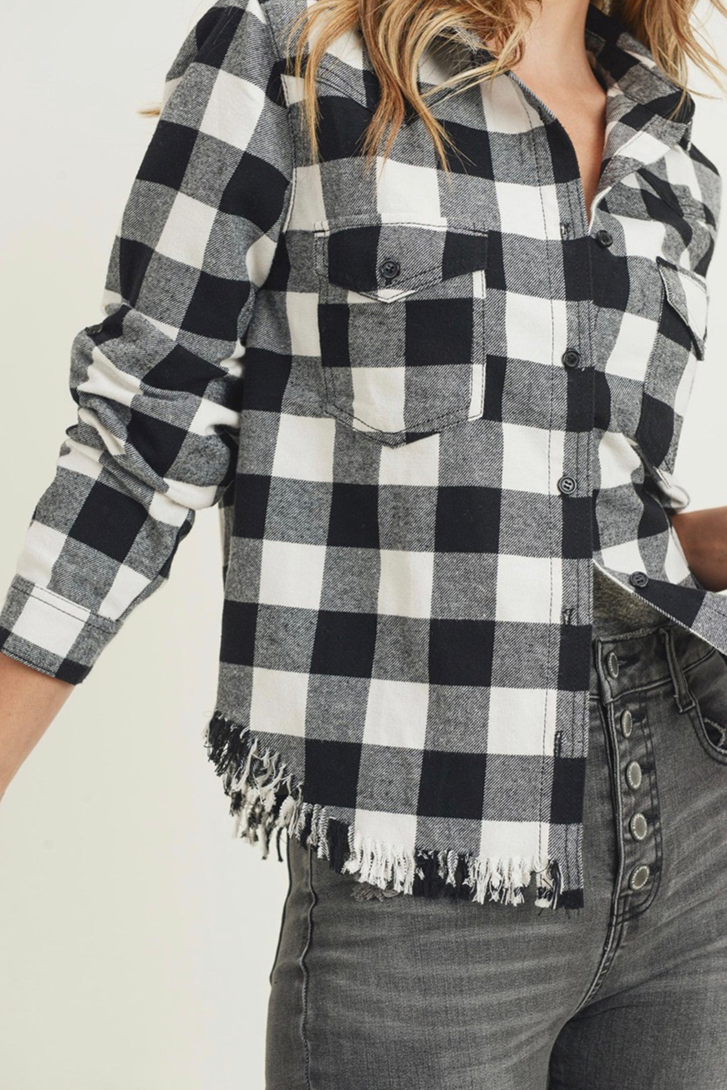 Risen Frayed Hem Western Inspired Flannel Shirt