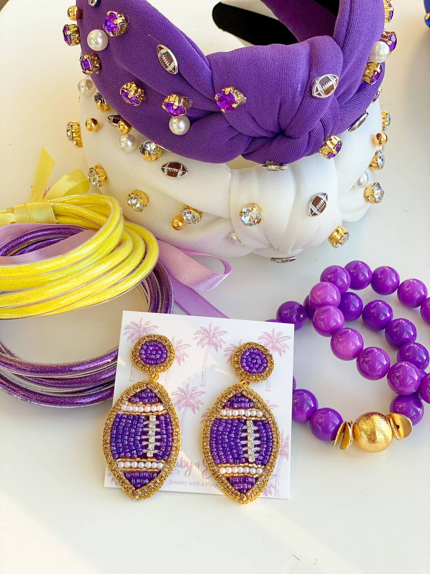 Purple and Gold Beaded GameDay Football Earrings