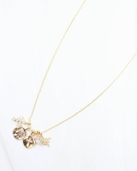 Cross and Coin Charm Necklace Set Gold