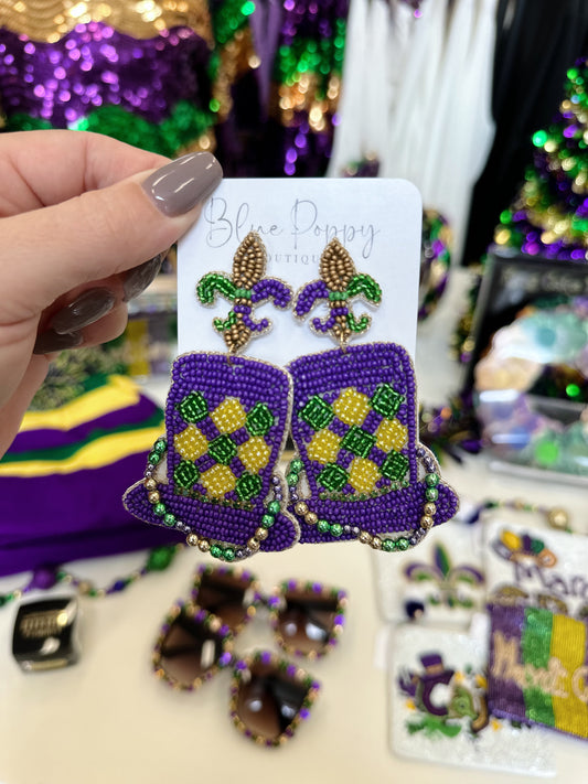 Mardi Gras Hat Beaded Earrings