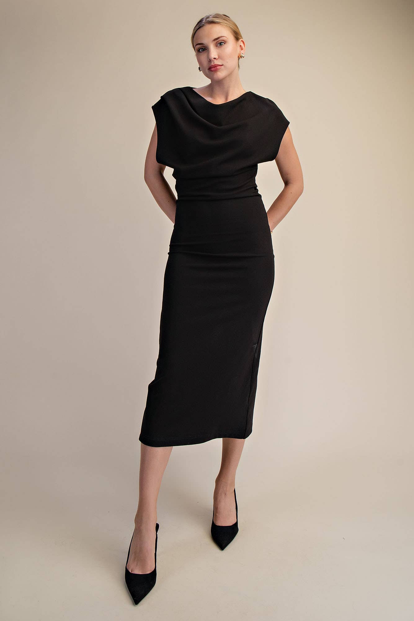 The Midnight Muse Draped Midi Dress
