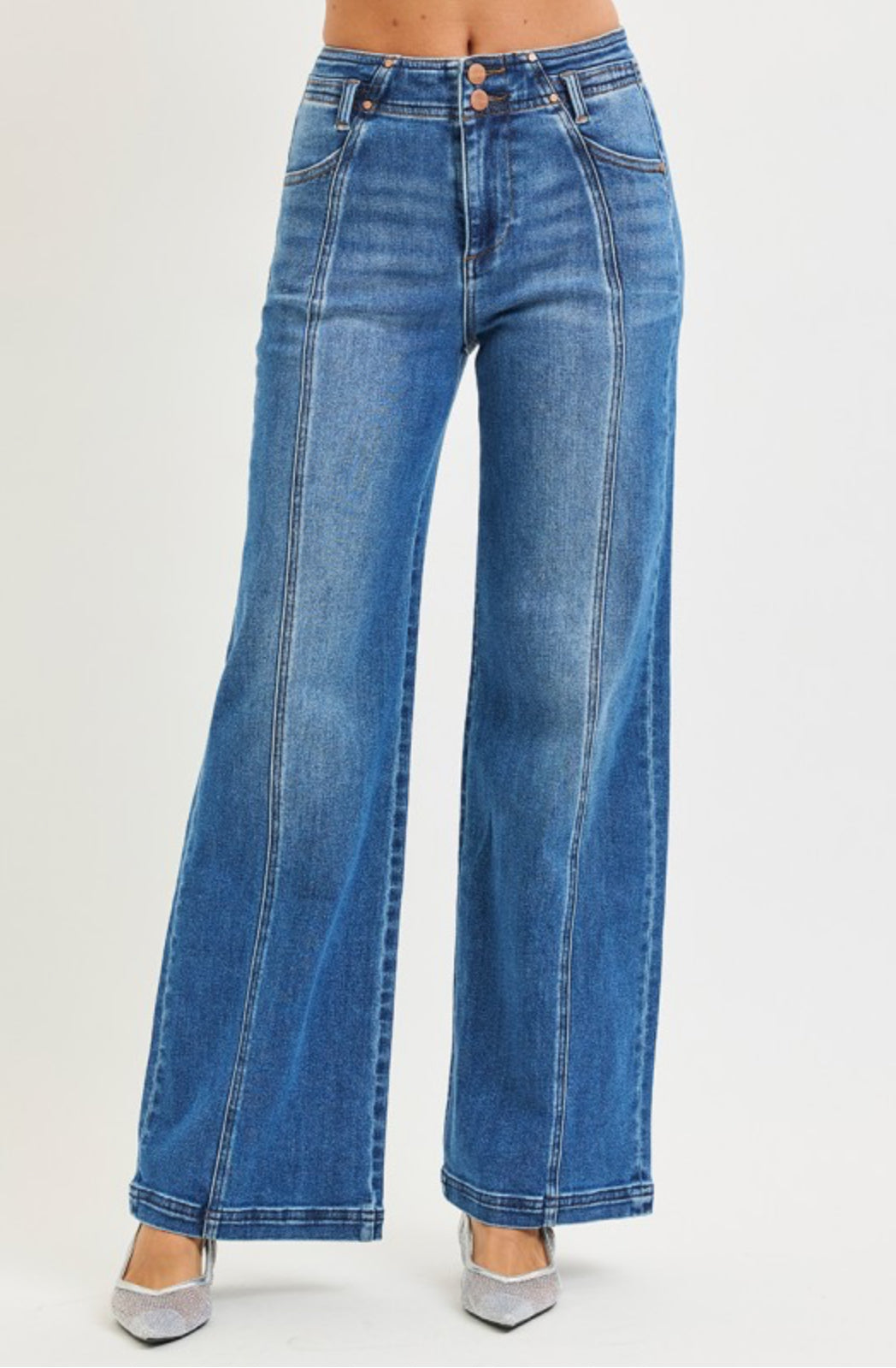 Risen Curved Seam High Rise Wide Leg Jeans