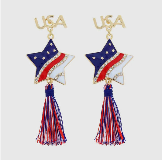 Rhinestone & Tassel Patriotic Earrings
