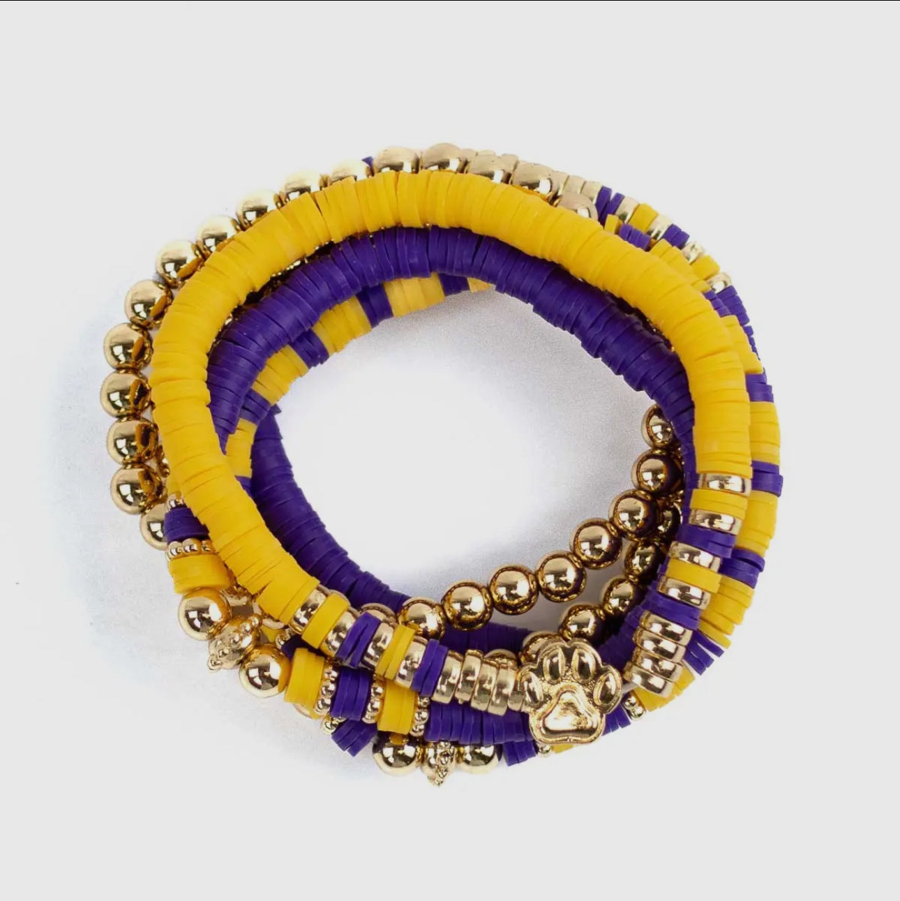 Paw Print Beaded Bracelet Set Purple/Gold 7”