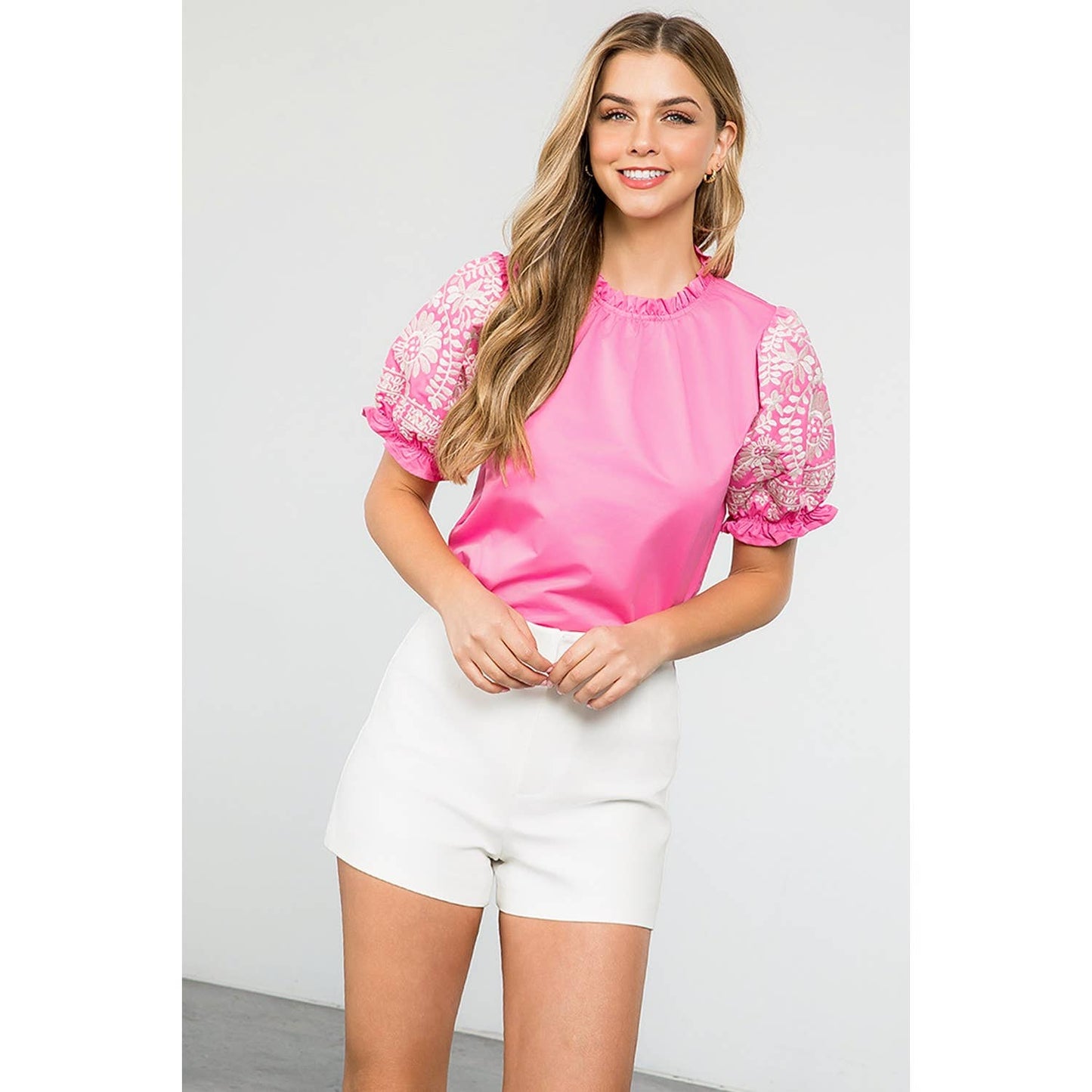 Blushing Bloom Embroidered Sleeve Top