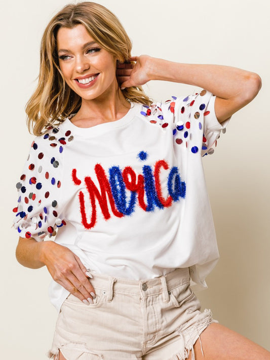 Metallic Letter Merica Spangle Sleeve Top