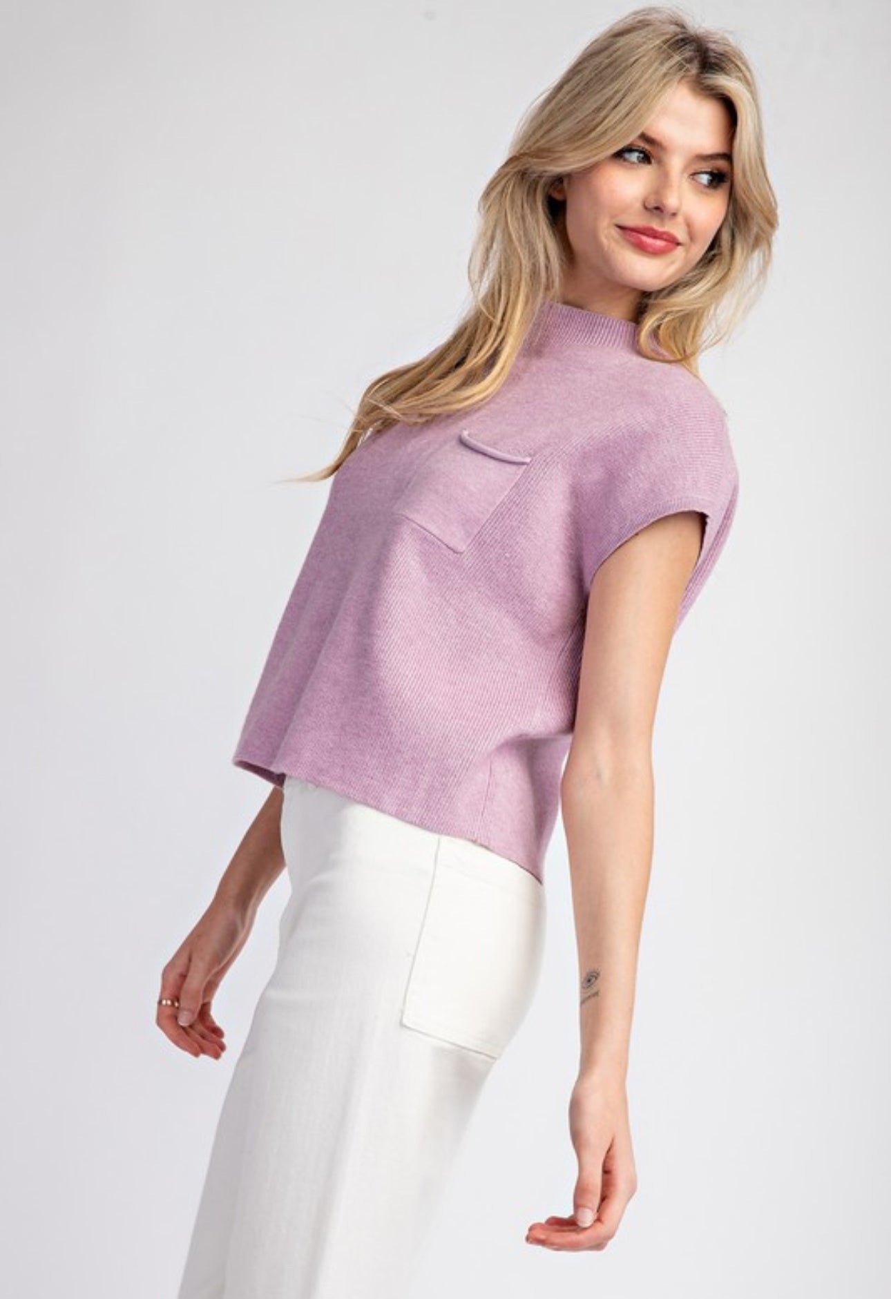 Short Sleeve Sweater Top with Pocket