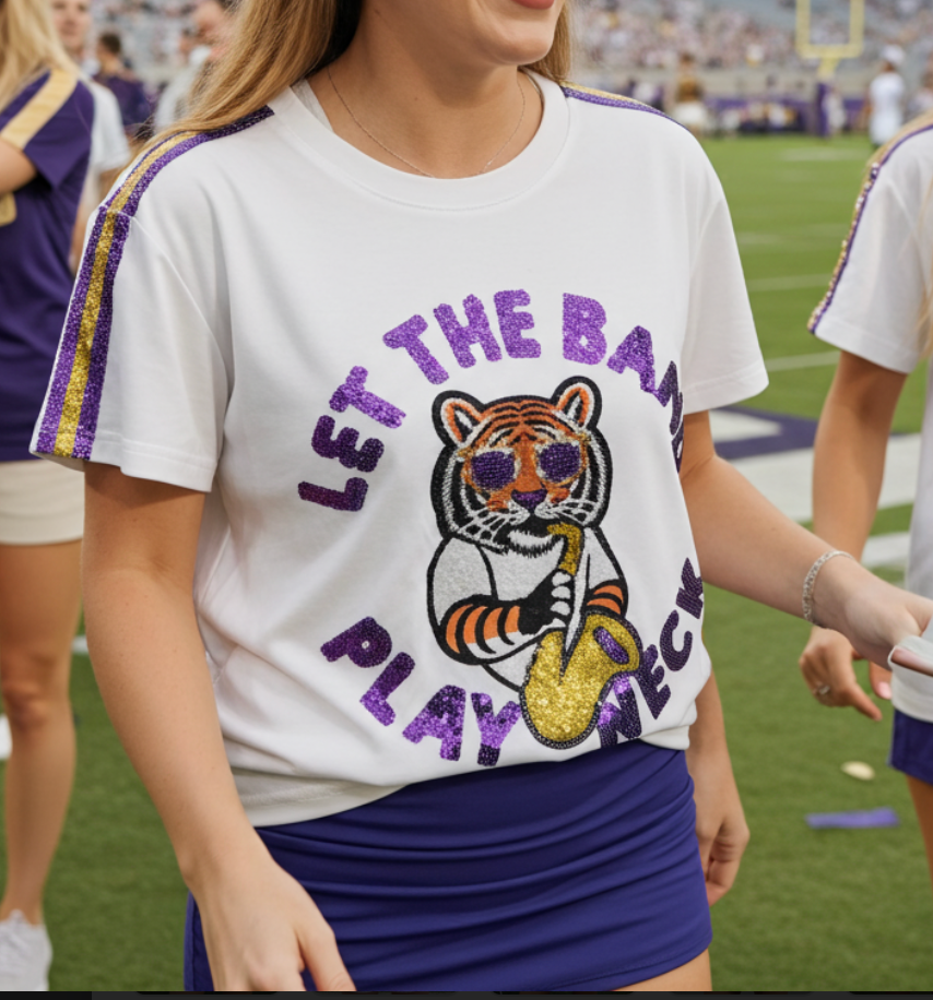 Let The Band Play Neck Sequin Tiger T Shirt 