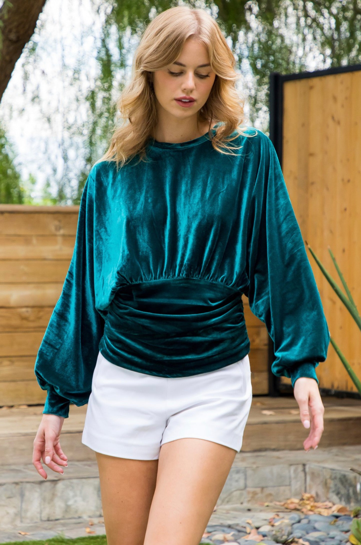 Teal Ruched Velvet Top