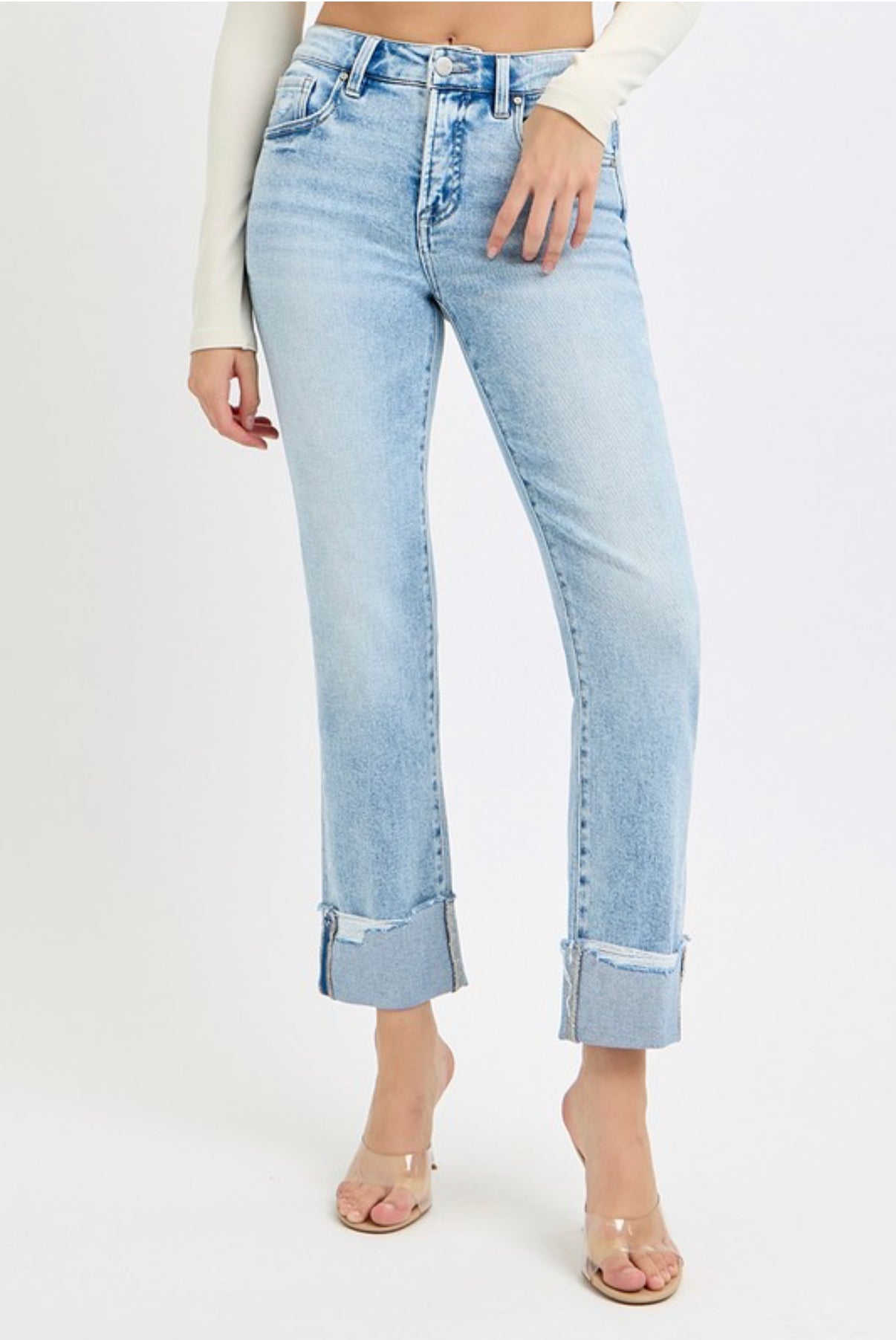 Risen Light Wash Tummy Control Cuffed Crop Straight Jeans