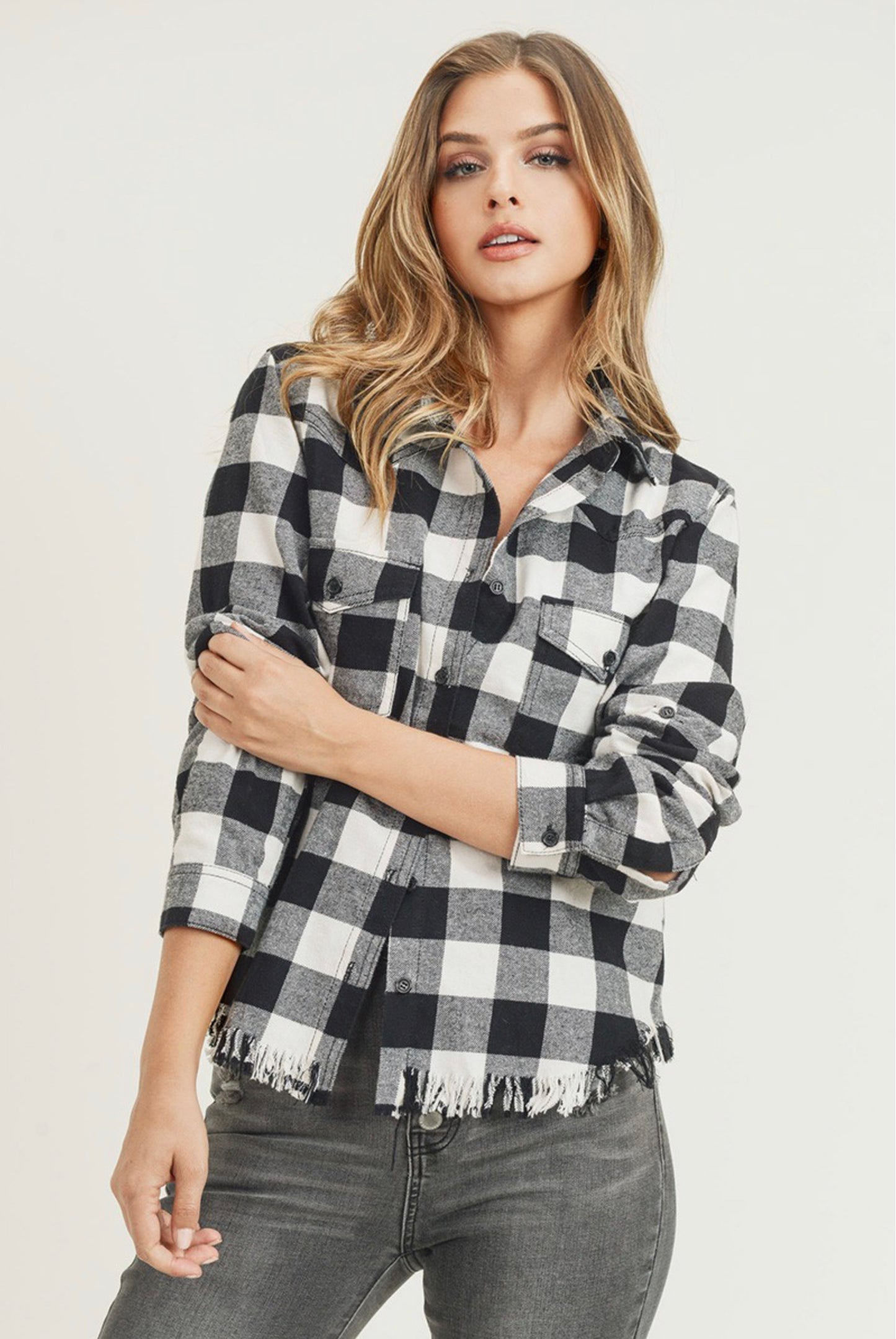 Risen Frayed Hem Western Inspired Flannel Shirt