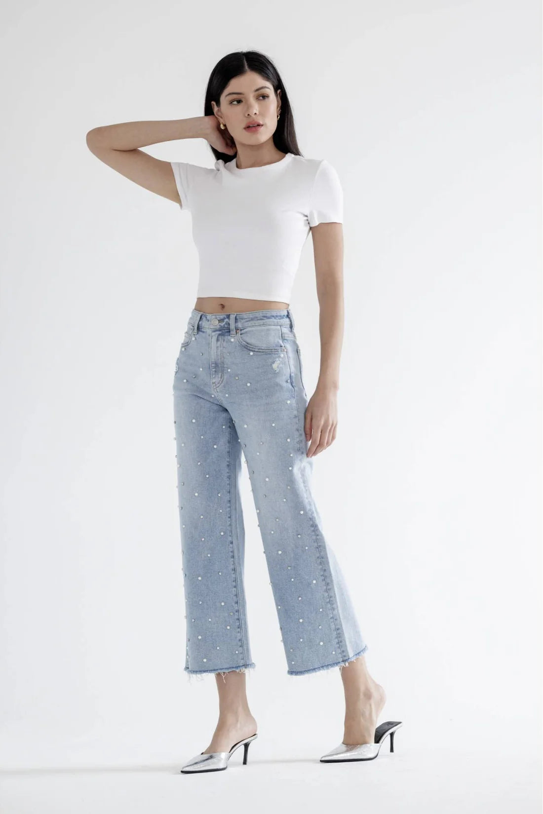 Pearl Embellished Wide Leg Jeans