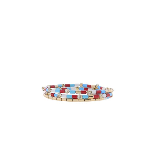 Red, White, Blue Beaded with Crystals Coil Wrap Bracelet