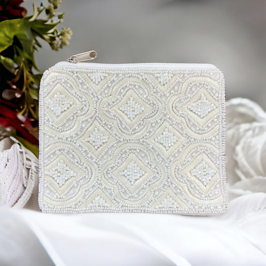Mosaic Cream Embroidered and Beaded Pouch
