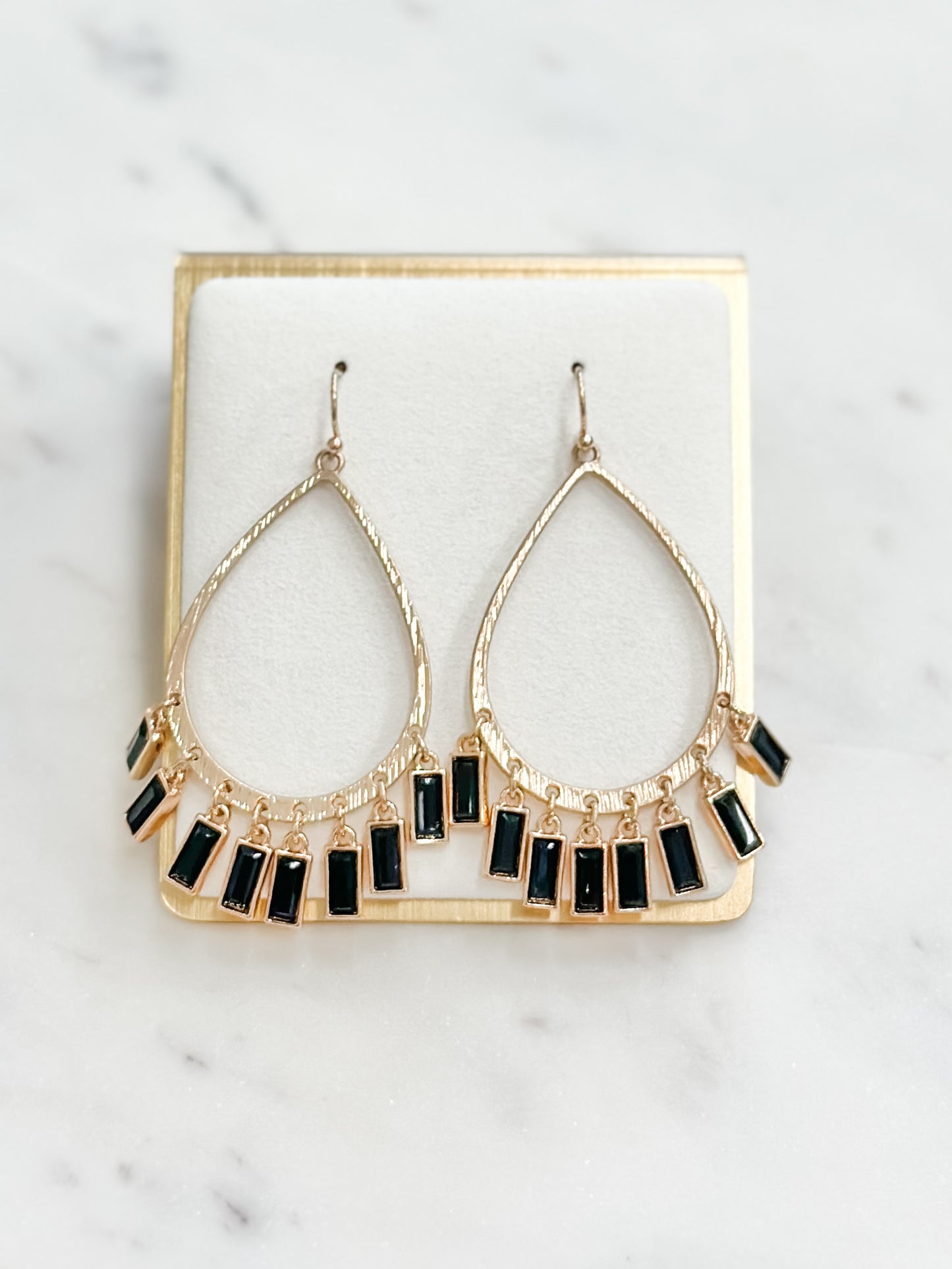 Black Teardrop and Baguette Earrings