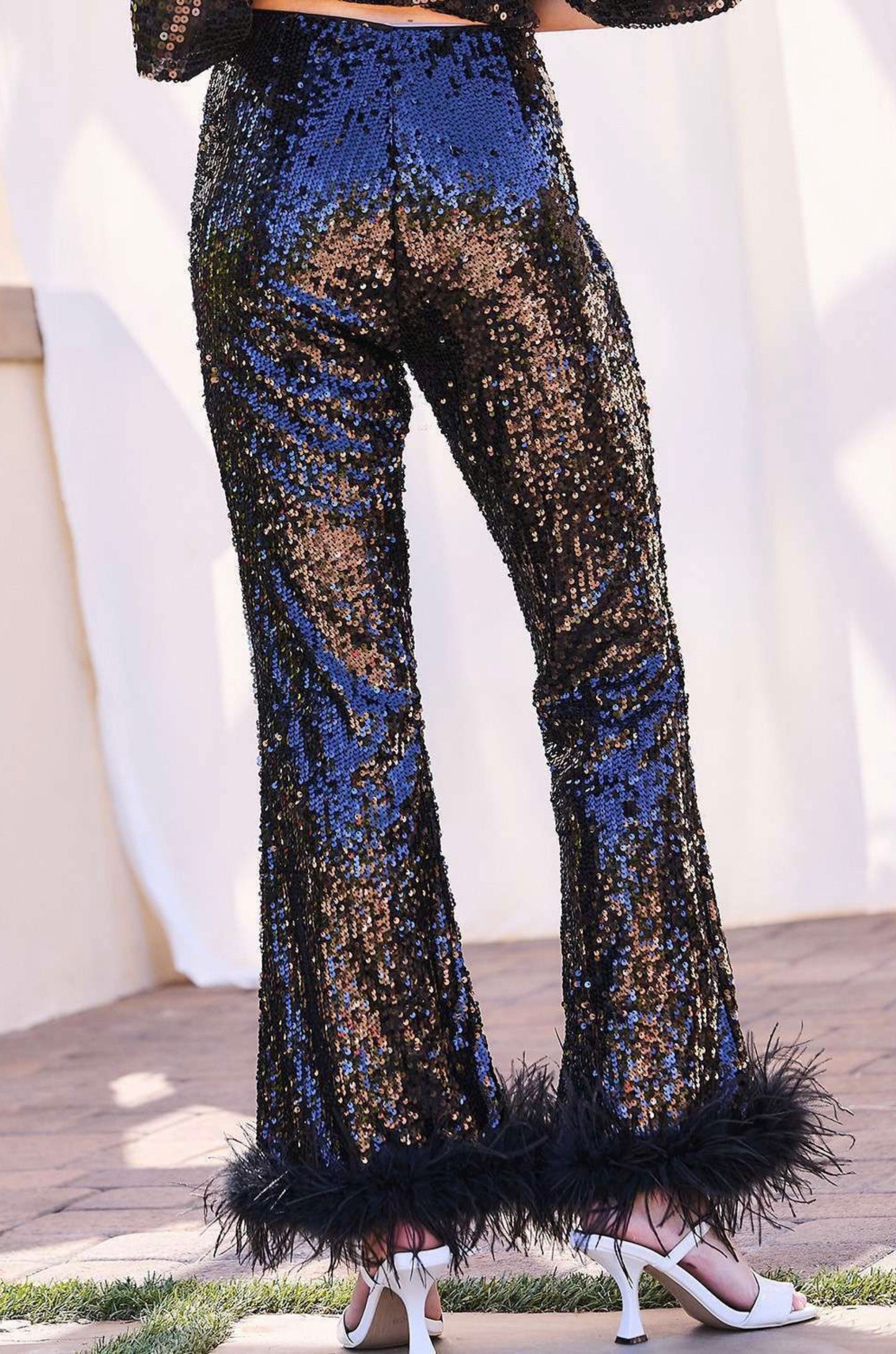 Black Feather Trim Sequin Pants