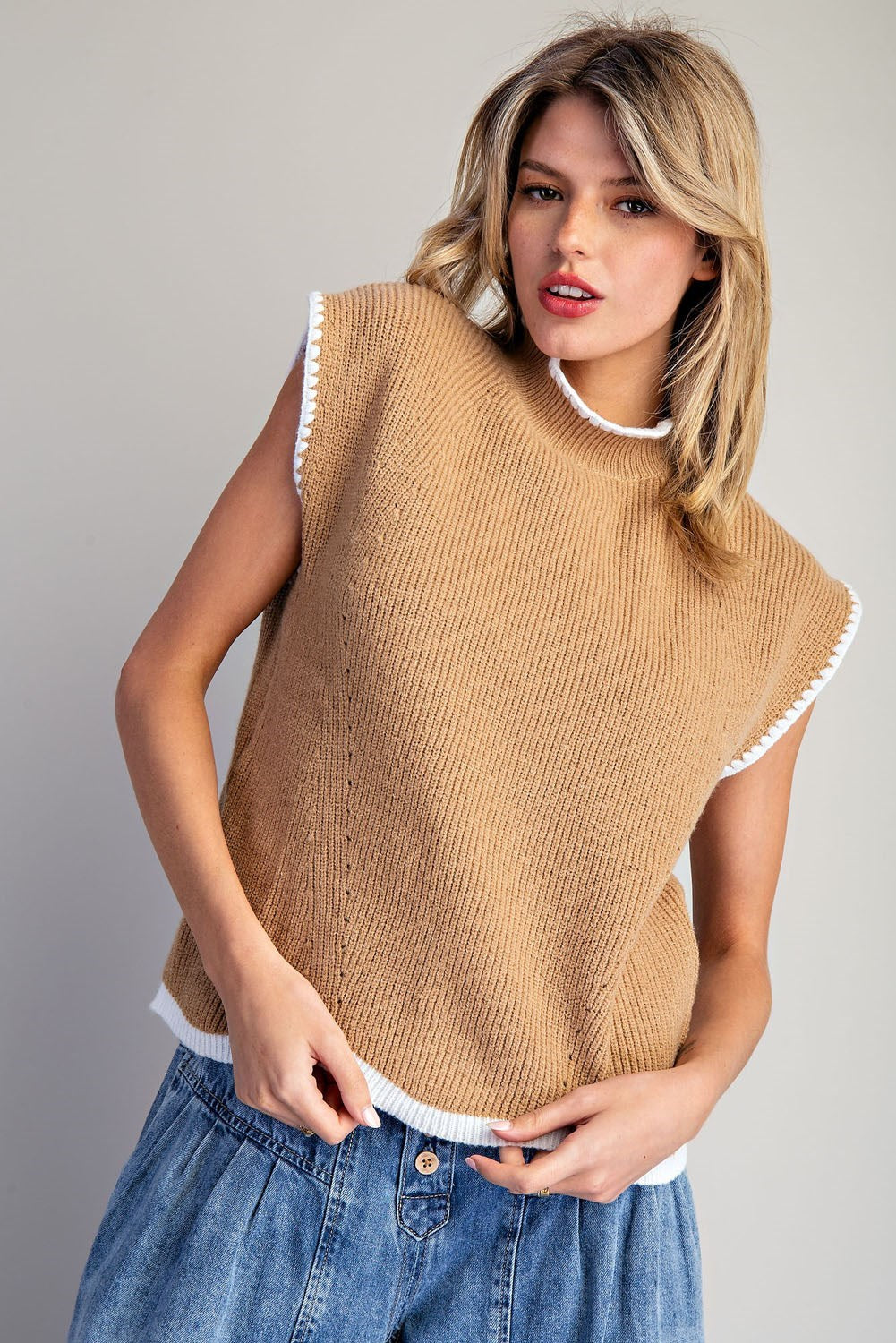 Scallop Trim Mock Neck Sweater Tank