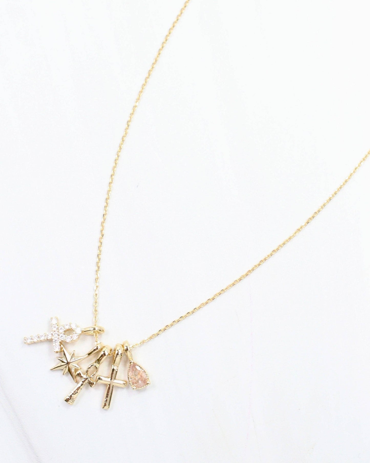 Ankh and Cross Charm Necklace Set Gold