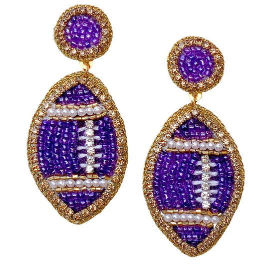 Purple and Gold Beaded GameDay Football Earrings