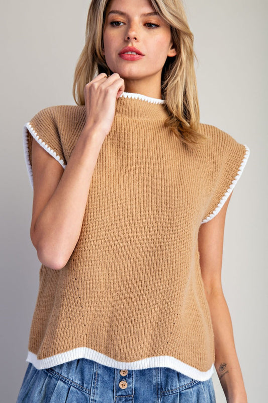 Scallop Trim Mock Neck Sweater Tank