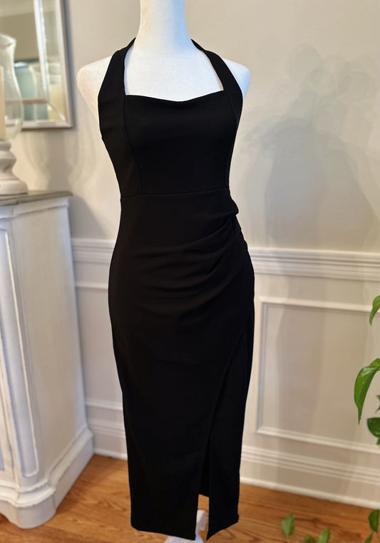 Black Halter Bodycon Midi Dress