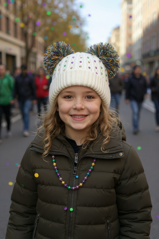 Kids Mardi Gras Double Pom Pearl Beanie