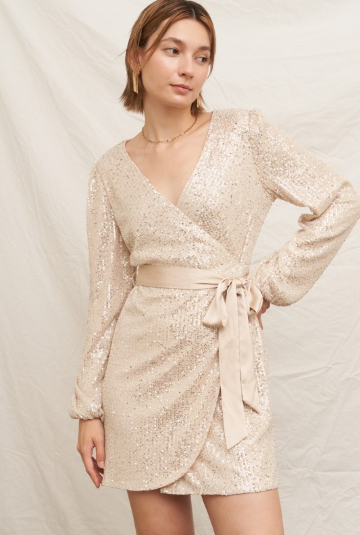 Champagne Sparkle Wrap Mini Dress