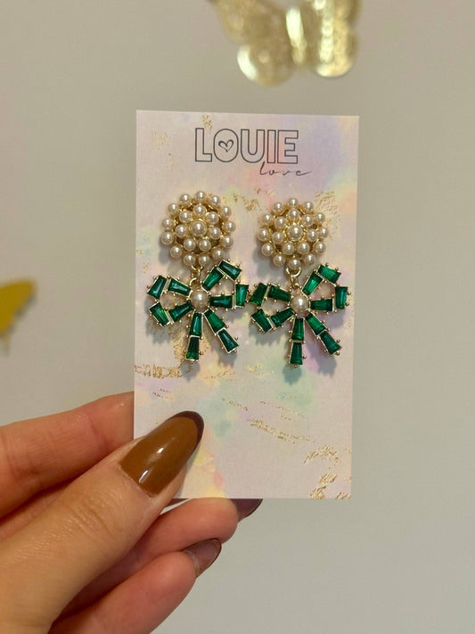 Pearl & Green Christmas Bow Earrings