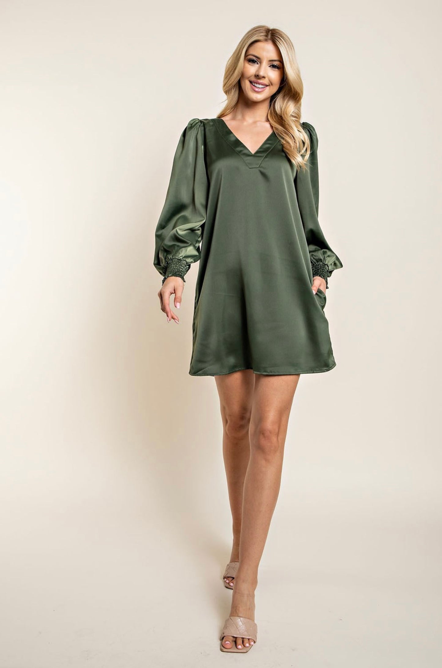 Olive Smocked Cuff Dress with Pockets