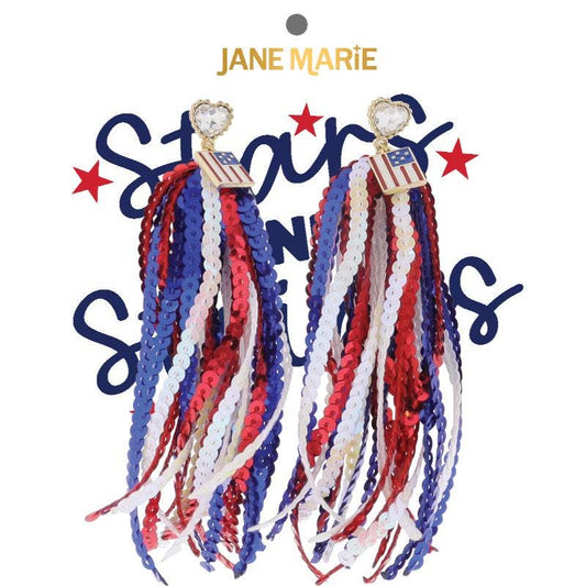Red, White, Blue American Flag Charm Sequin Strands Earring