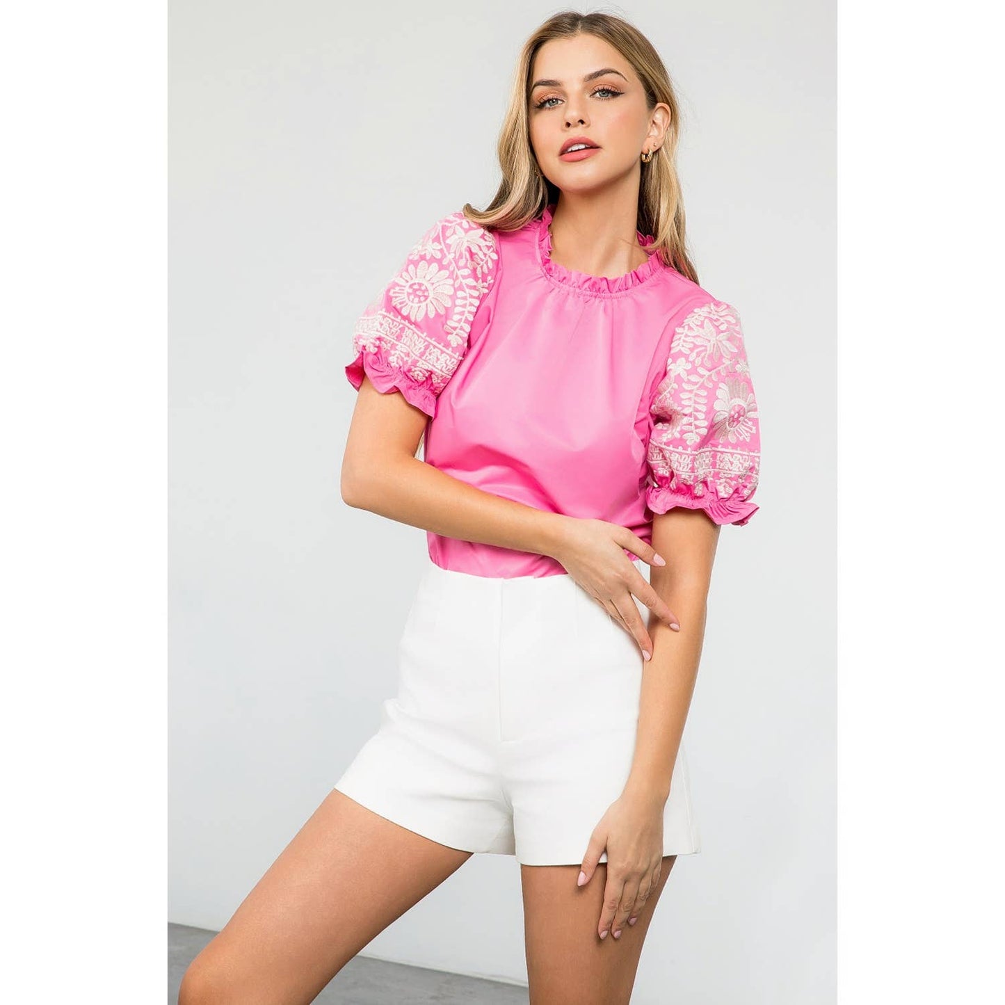 Blushing Bloom Embroidered Sleeve Top