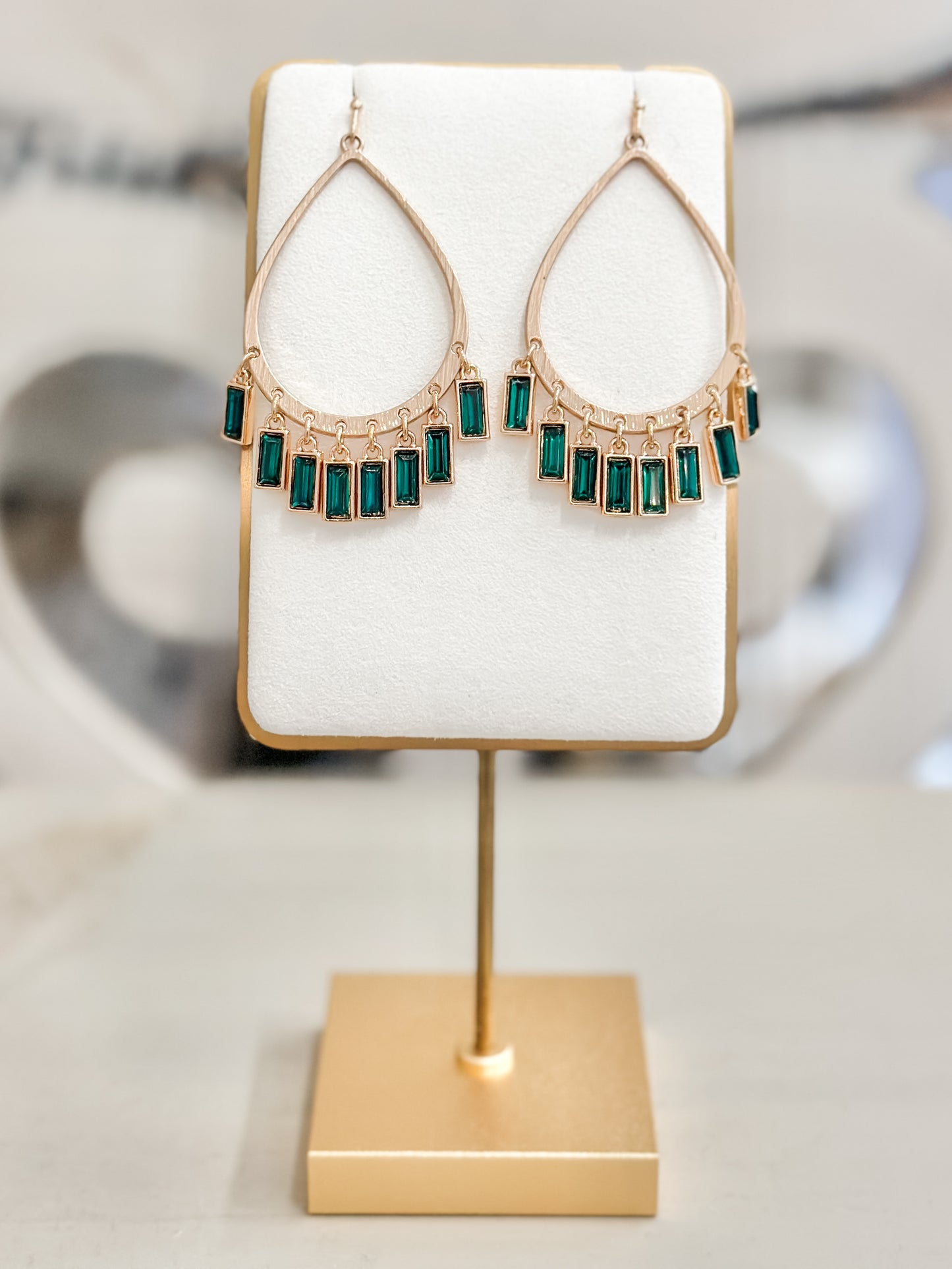 Green Teardrop and Baguette Earrings