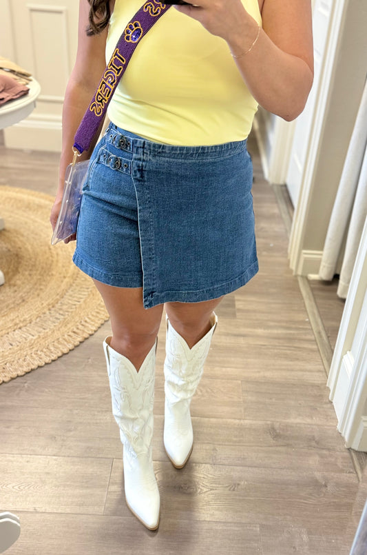 Washed Denim Buckle Skort