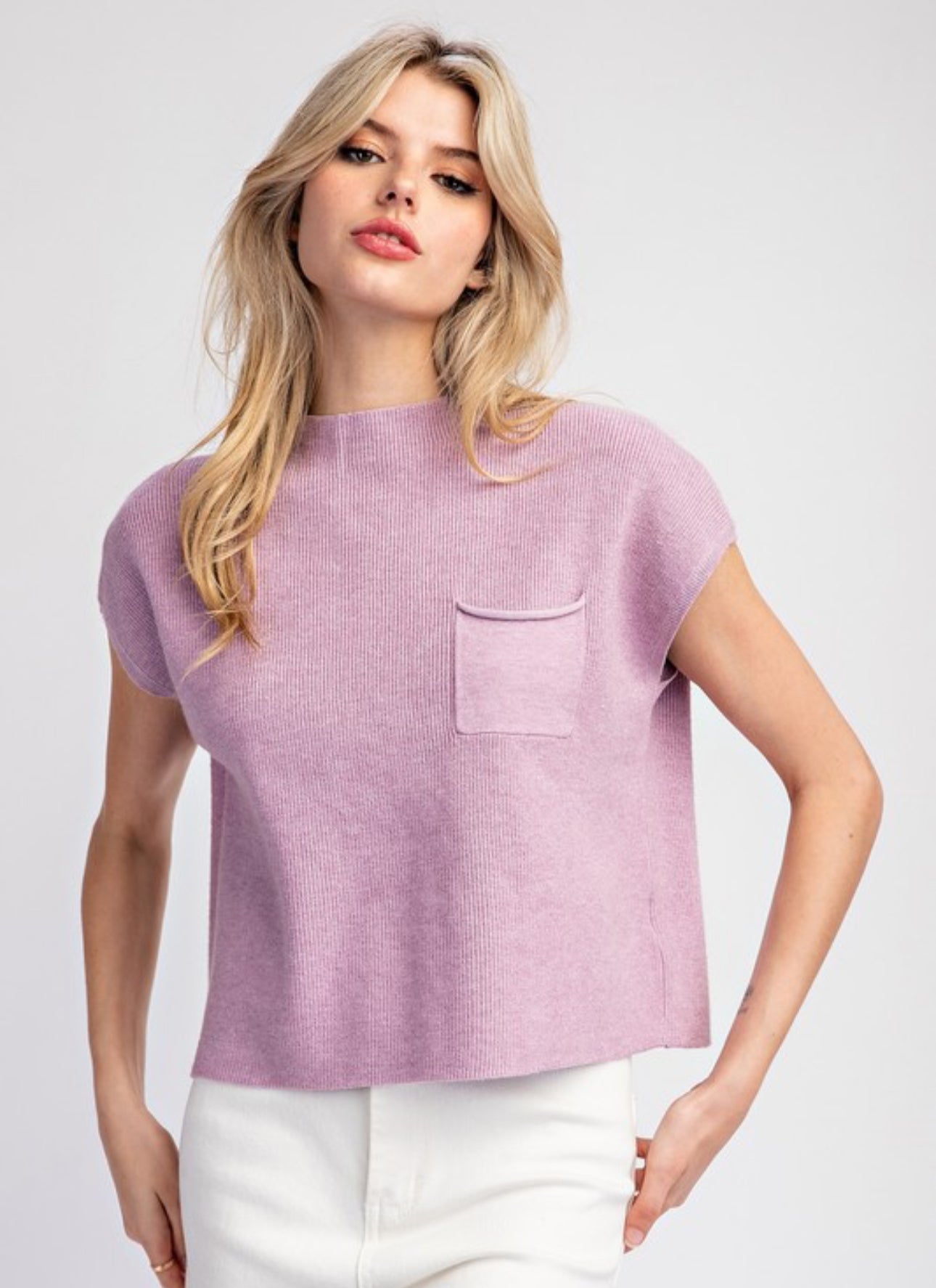 Short Sleeve Sweater Top with Pocket