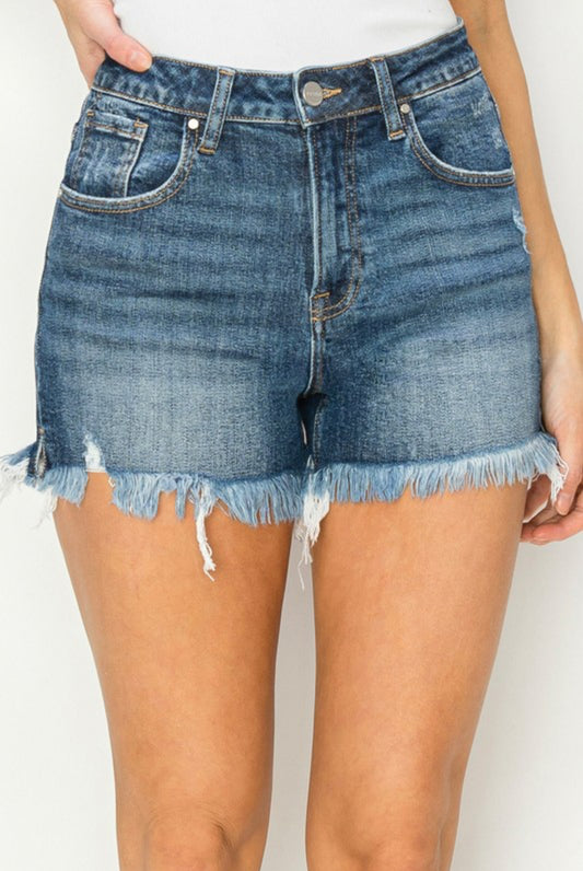 Risen High Rise Side Slit Denim Shorts