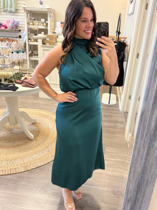 Draped High-Neck Satin Midi Dress