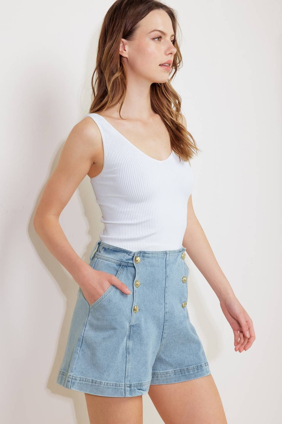 The Harbor Button Denim Shorts