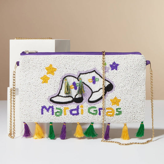 Mardi Gras Boots Beads Clutch Bag with Tassels