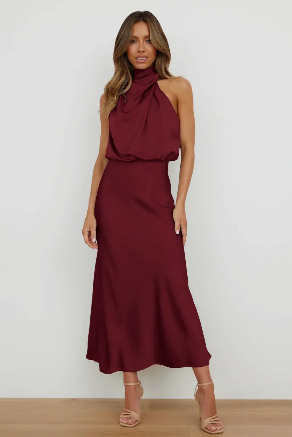 Sipping Champagne Satin Midi Dress