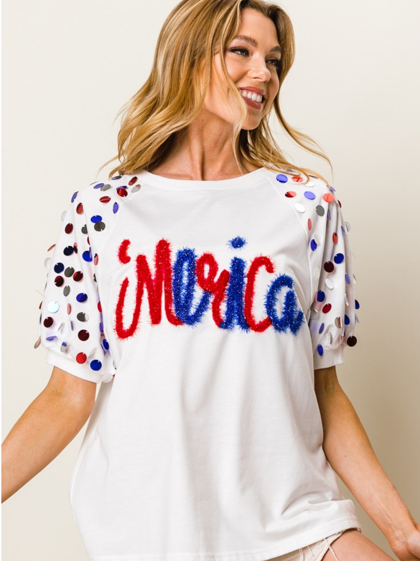 Metallic Letter Merica Spangle Sleeve Top