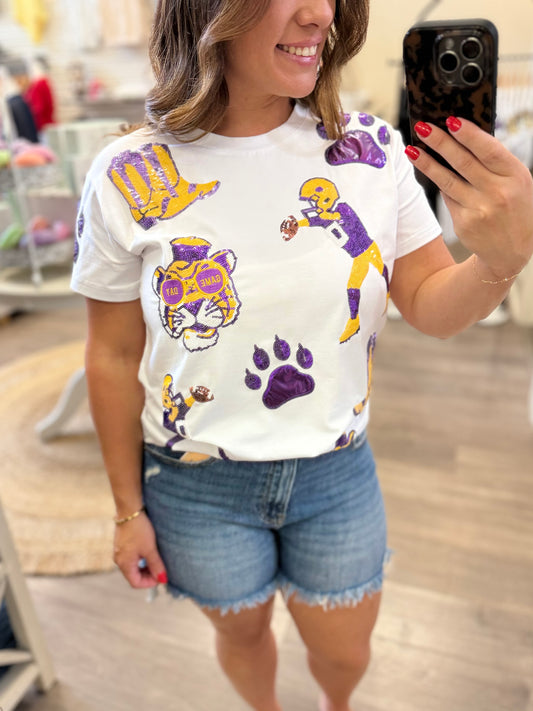 Purple and Yellow Louisiana Tigers Sequin T-Shirt